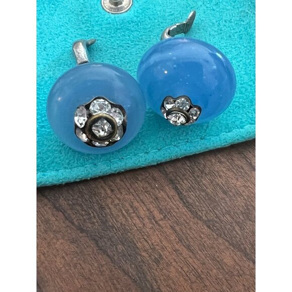 Vintage Clip-on Earrings Rhinestones Blue Chaldecony Stone Made France Antique - Picture 2 of 10